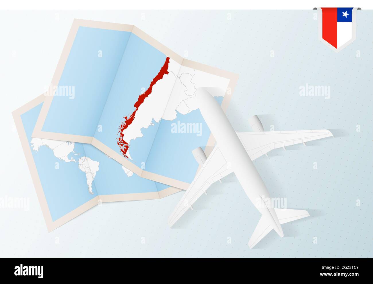 Viaggio in Cile, aereo vista dall'alto con mappa e bandiera del Cile. Viaggi e turismo banner design. Illustrazione Vettoriale