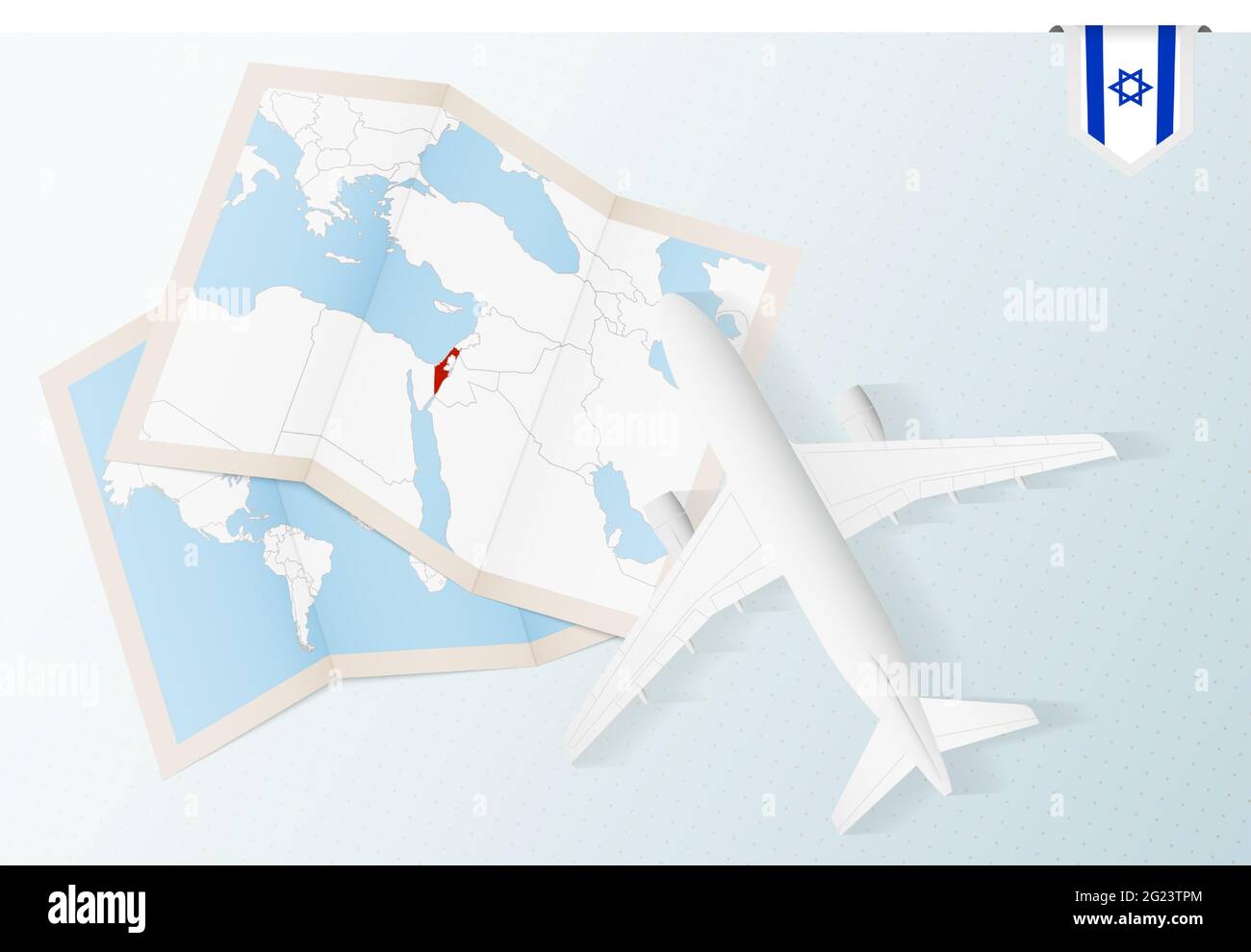 Viaggio in Israele, aereo vista dall'alto con mappa e bandiera di Israele. Viaggi e turismo banner design. Illustrazione Vettoriale