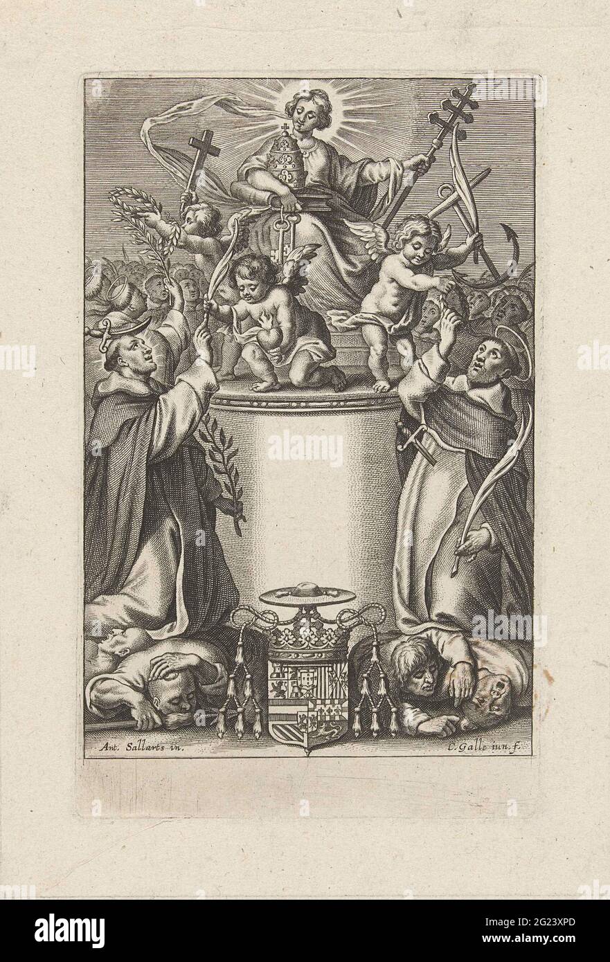 Pagina del titolo allegorico con due martiri dominicani. Due martiri dominicani sono cresciuti. Uno ha una sciabola sulla testa, l'altro una spada sul petto. Su un trono al centro c'è la personificazione del papato, con Tiara e le chiavi. Due angeli consegnano ai martiri una corona di alloro e un ramo di palma. Una grande folla sullo sfondo. Foto Stock