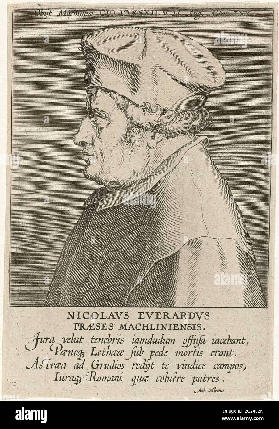 Ritratto di Nicolaes Everaerts; Nicolavs Everardvs; scrittori noti dei Paesi Bassi; Bibliotheca Belgica. Ritratto di Nicolaes Everaerts, presidente del Grande Consiglio di Mechelen. Busto a sinistra. La stampa ha una parte superiore e una didascalia latina ed è parte di una serie di famosi scrittori olandesi. Foto Stock