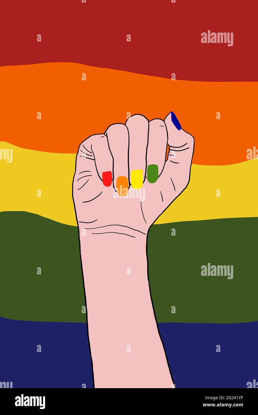 Mano bianca con chiodi dipinta nel colore della bandiera gay con uno sfondo Lgbti bandiera del movimento sociale. Felice orgoglio giorno 2021. Foto Stock