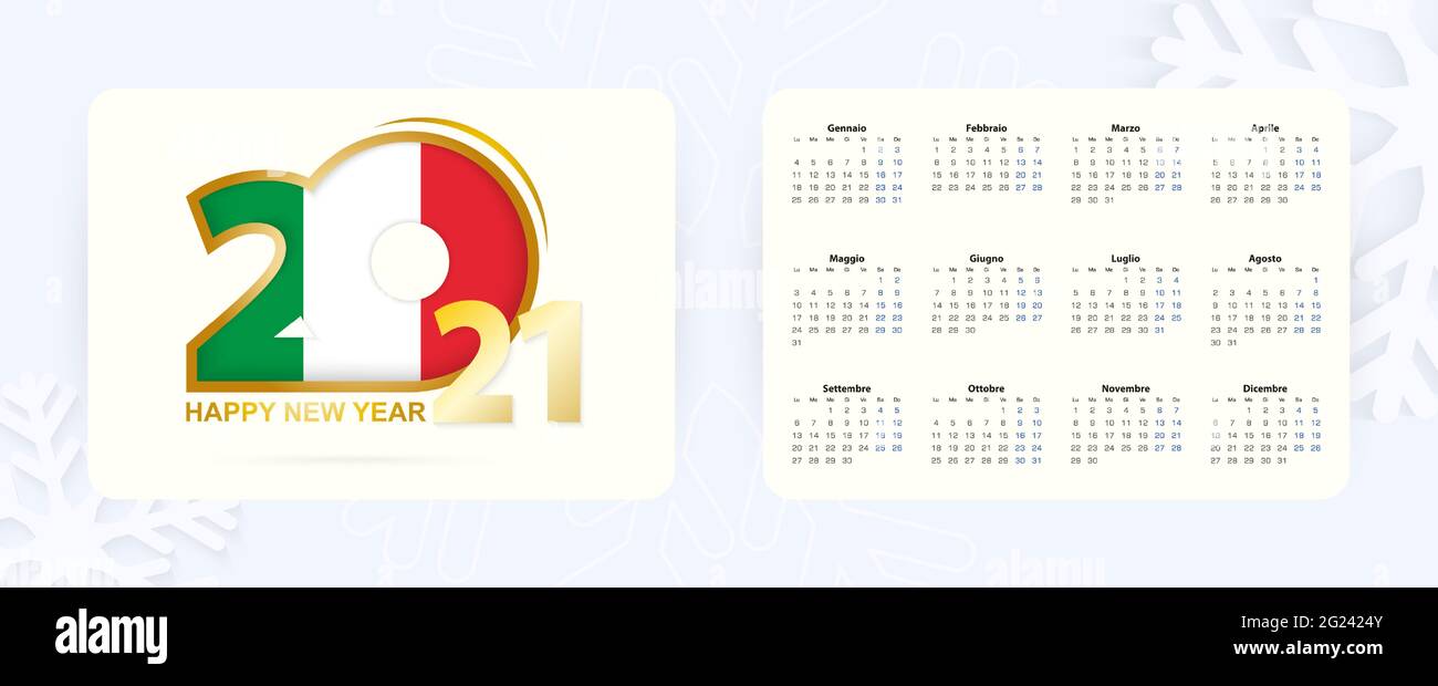 Calendario tascabile orizzontale 2021 in lingua italiana. Icona del nuovo anno 2021 con bandiera dell'Italia. Calendario vettoriale. Illustrazione Vettoriale