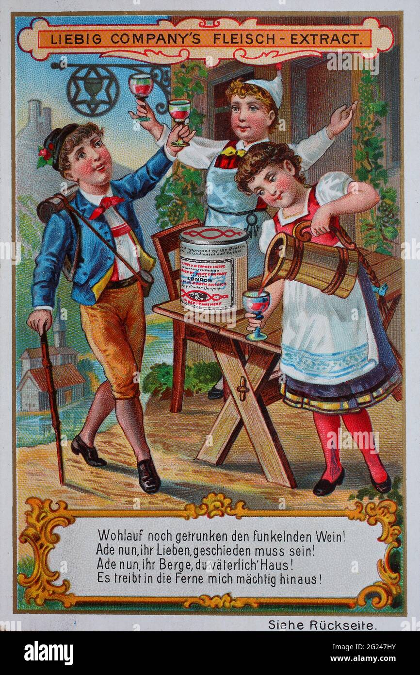 Sammelbild Serie Kinder als Paare, wohlauf noch getrunken den funklenden Wein / Collectable serie bambini come coppie, ben ancora bevuto lo spumante, Liebigbild, riproduzione digitale migliorata di un'immagine da collezione dalla società Liebigl, stimato da 1900, pd / Digital verbesserte Reproduktion eines Sammelbildes von infrei 1900, Foto Stock