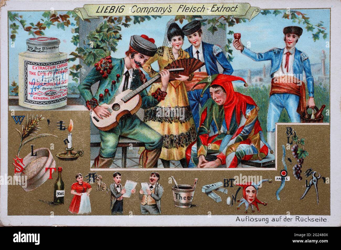 Sammelbild Serie Bilderrätsel, wer nicht liebt Wein, Weib und Gesang, bleibt ein Narr sein Leben lang / Collectable series picture puzzle, Chi non ama il vino, la donna e il canto, rimane un pazzo tutta la sua vita, Liebigbild, riproduzione digitale migliorata di un'immagine da collezione della società Liebigd, stimato dal 1900, pd / digitale verbesserte Reproduktion eines Sammelbildes von ca 1900, gemeinfrei, Foto Stock