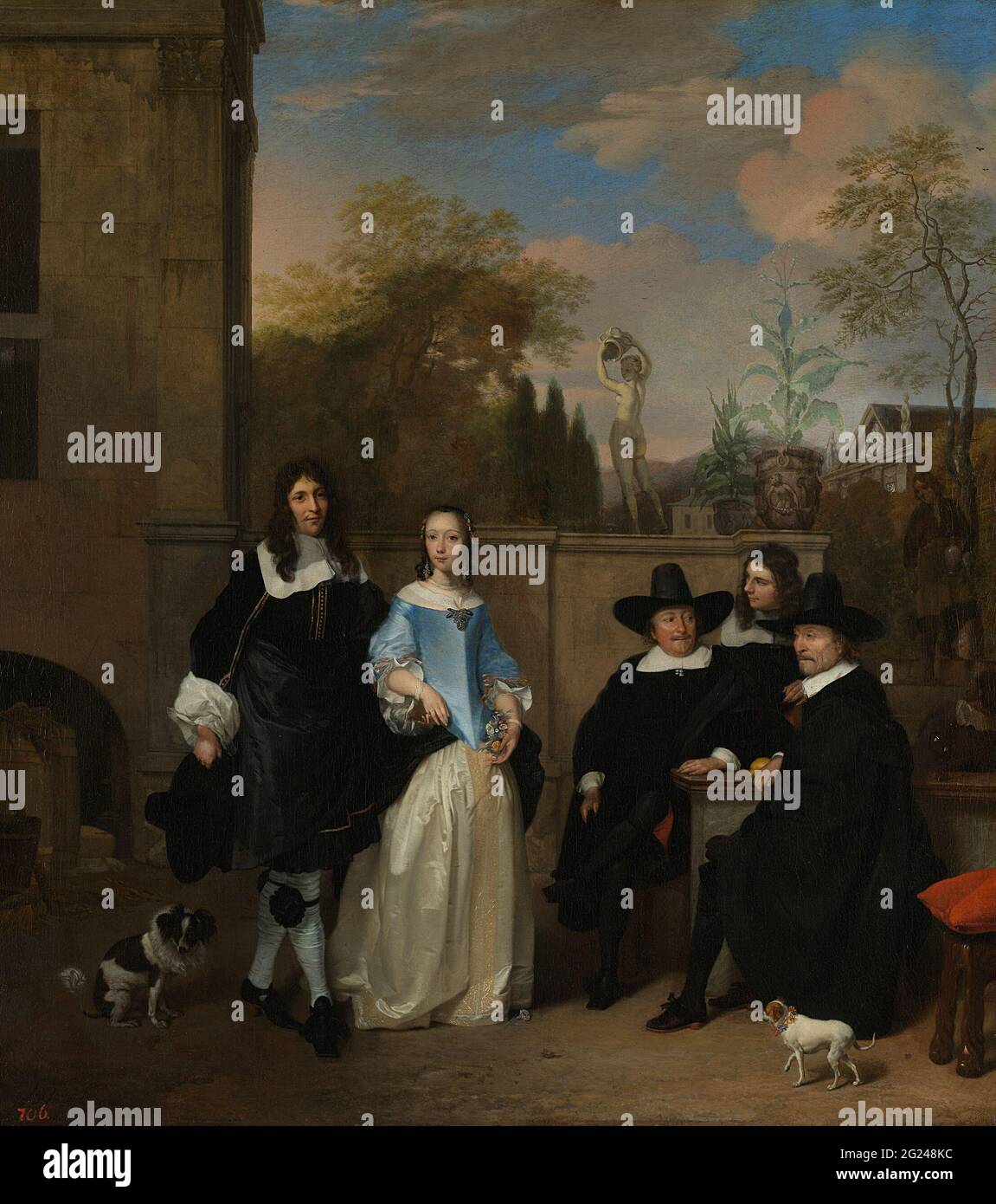 Azienda in un giardino. Un'elegante giovane coppia si trova nel giardino di una grande casa di campagna. La donna rigida e corsettata è bevuta in costosi gioielli, e anche l'uomo è sontuosamente atstanco; egli mette in mostra una garter alla moda sulla gamba destra. L'identità di questa coppia amorosa che tiene le mani non è nota. Foto Stock