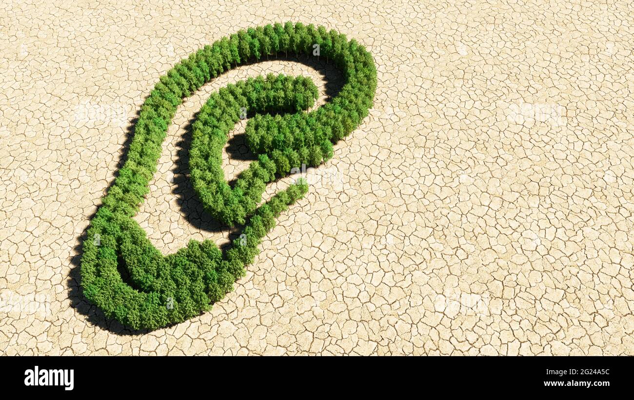 Concetto o gruppo concettuale di albero di foresta verde su fondo asciutto, segno di un orecchio. Una metafora di illustrazione 3d per la perdita dell'udito, tinnito Foto Stock