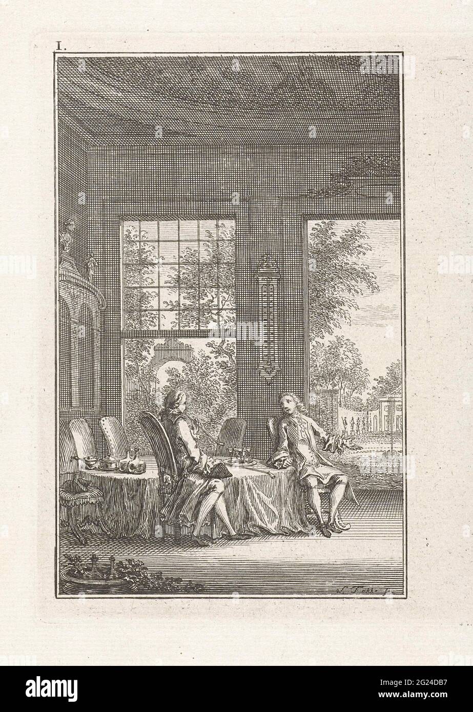 Due signori in partenza. Due signori siedono al tavolo in una partenza attraverso le finestre aperte e la visibilità delle porte su un giardino. Uno dei signori fuma un tubo, un secondo tubo giace sopra il tavolo. Stampa in alto a sinistra di contrassegnato: I. Foto Stock
