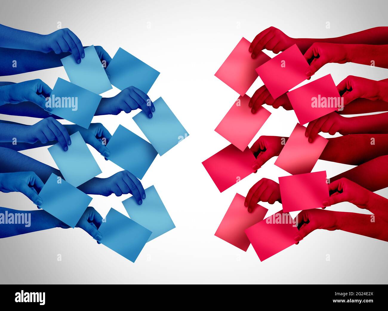 Il concetto dei diritti di voto e di voto degli elettori divisi che si basa su scrutini rossi e blu in un seggio elettorale come diritto democratico in una democrazia. Foto Stock