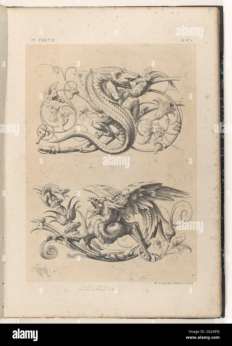 Drago e Griffin su un rango di foglia. In alto si trova un drago con un pesce in bocca su un rango di foglie, in basso, un griffin è aperto ad un salamandro. In alto a sinistra: 1RE partie, in alto a destra: A. n ° 5., in basso a destra: 10. Foto Stock