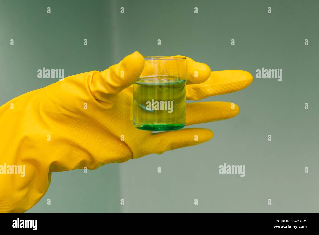 Le mani in guanti di gomma gialla tengono una provetta con un liquido verde. Sviluppo di nuovi farmaci, esperimento chimico. Laboratorio medico. Foto Stock