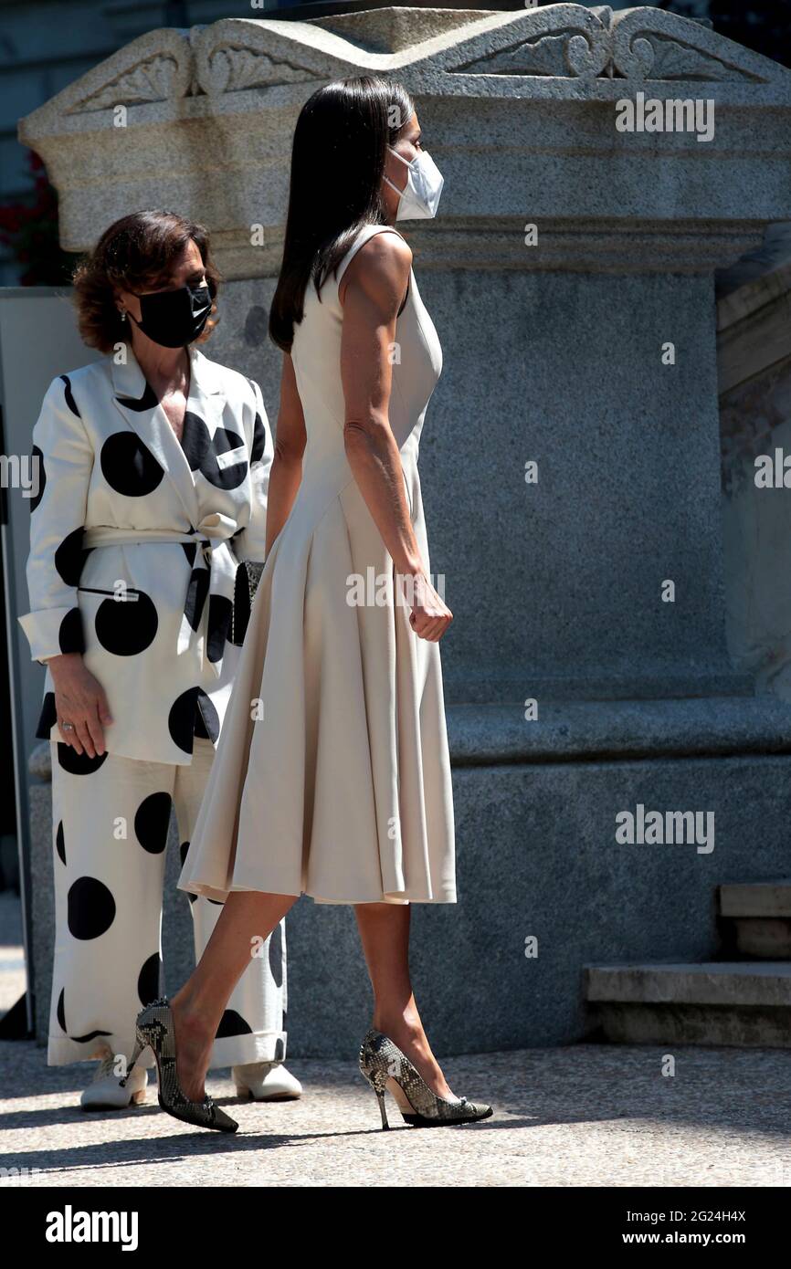 Madrid, Spagna; 08/06/2021.- la Biblioteca Nazionale ospita una mostra sulla vita e l'opera dell'Emilia Pardo Bazán, uno spettacolo che cerca di riunire le molteplici sfaccettature di questa figura cruciale nella storia letteraria della fine dell'Ottocento e dei primi decenni del Novecento. La Regina ha inaugurato questo spettacolo, 'Emilia Pardo Bazán. La sfida della modernità' la cui morte quest'anno segna un secolo. È accompagnata dal vice presidente del governo Carmen Calvo (L). La regina Letizia indossa un abito beige di Pedro del Hierro. Senza maniche e con una gonna svasata, è un des Foto Stock