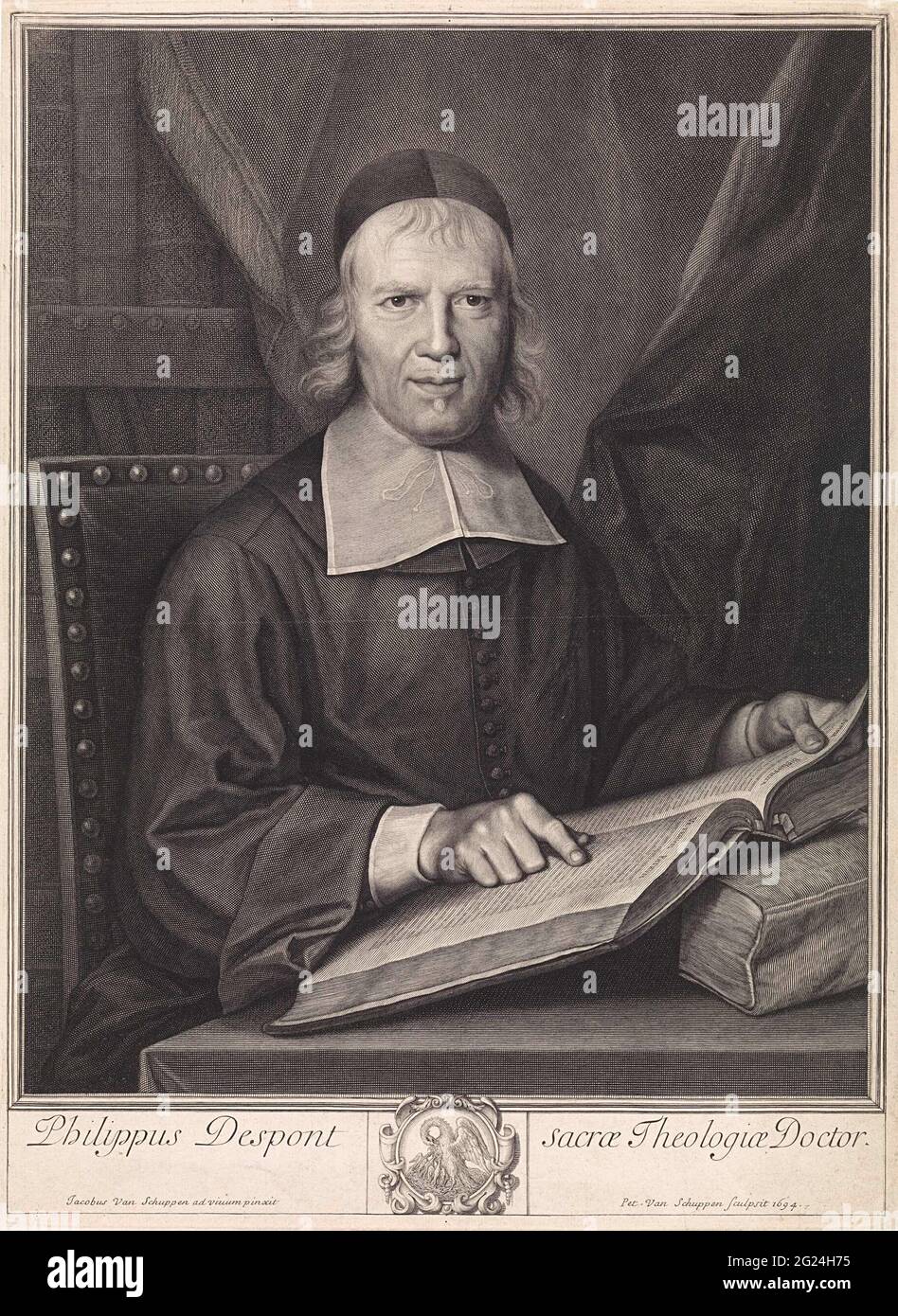 Ritratto di Philippe Despont. Ritratto del teologo Philippe Despont all'età di 73 anni. Indossa un boggle e legge seduto al tavolo in un libro che riguarda i padri della chiesa. Un secondo libro è sul tavolo. Sotto il ritratto una cartouche con un pellicano che nutre il suo ragazzo con il proprio sangue. Da una parte e dall'altra il nome del teologo e il suo titolo: Sacrae Theologiae Doctor. Foto Stock