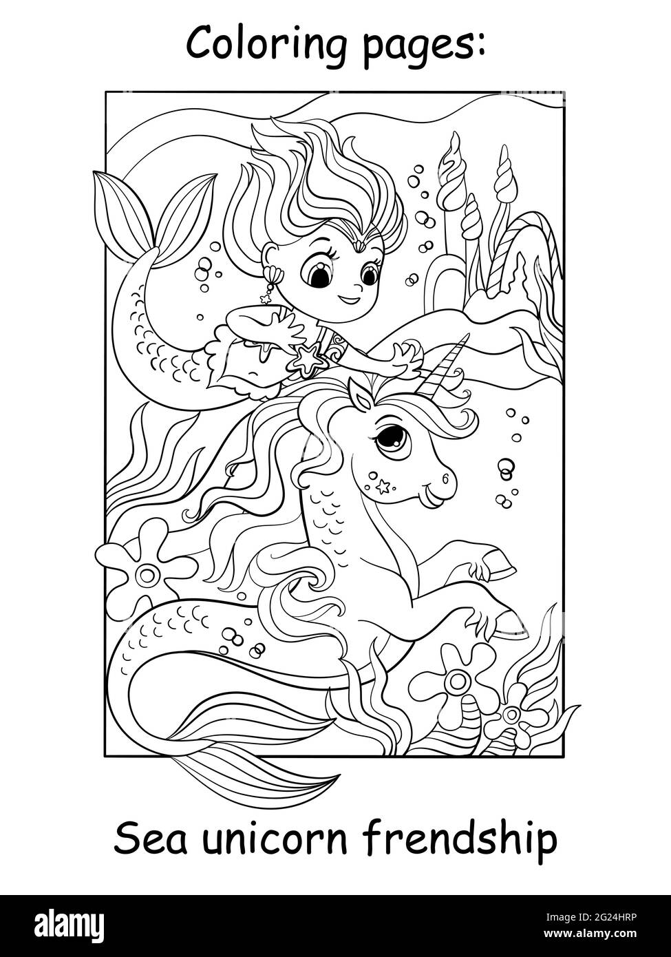 Bella sirena e unicorno nuotare sotto l'acqua. Pagina del libro da colorare  per i bambini. Illustrazione vettoriale del cartone animato isolata su  sfondo bianco. Per colorazione Immagine e Vettoriale - Alamy