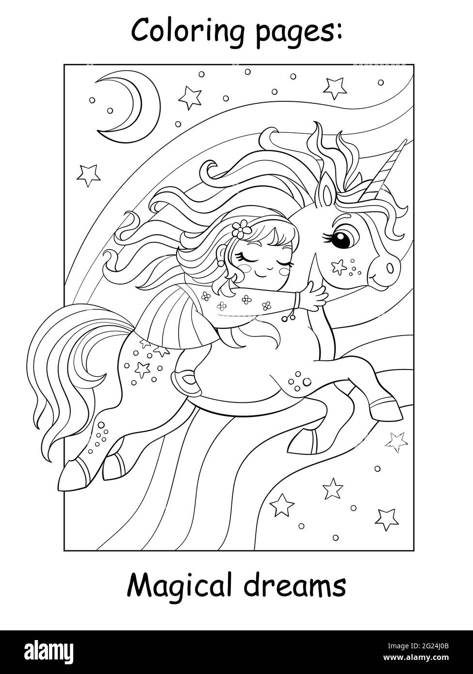 Ragazza carina dorme sul retro di un unicorno volante. Pagina del libro da colorare per i bambini. Illustrazione vettoriale del cartone animato isolata su sfondo bianco. Per colorazione Illustrazione Vettoriale