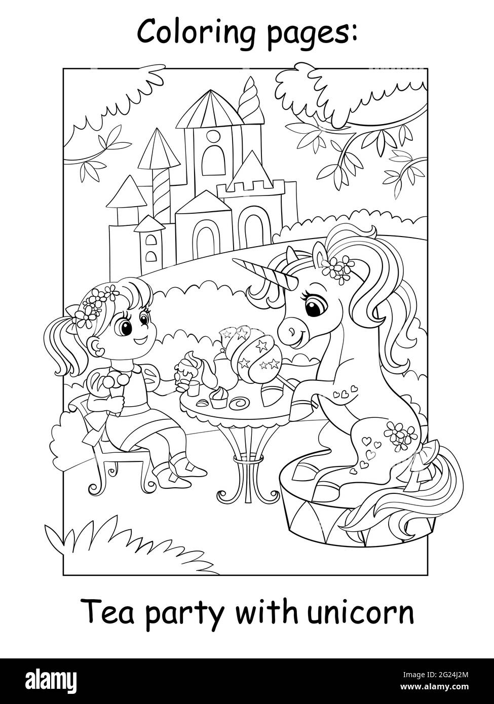 Carino principessa e unicorno bere tè con dolci. Pagina del libro da colorare per i bambini. Illustrazione vettoriale del cartone animato isolata su sfondo bianco. Per colori Illustrazione Vettoriale