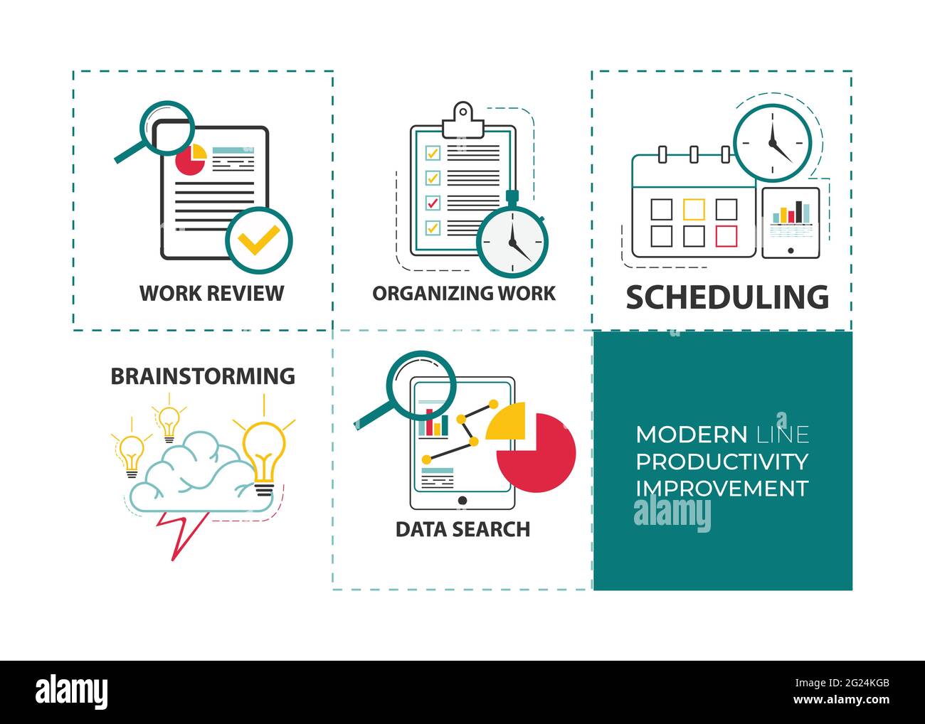Set di icone vettoriali moderne per il miglioramento della produttività delle linee. Raccolta di icone di progettazione delle linee per il vettore di miglioramento della produttività del lavoro Illustrazione Vettoriale