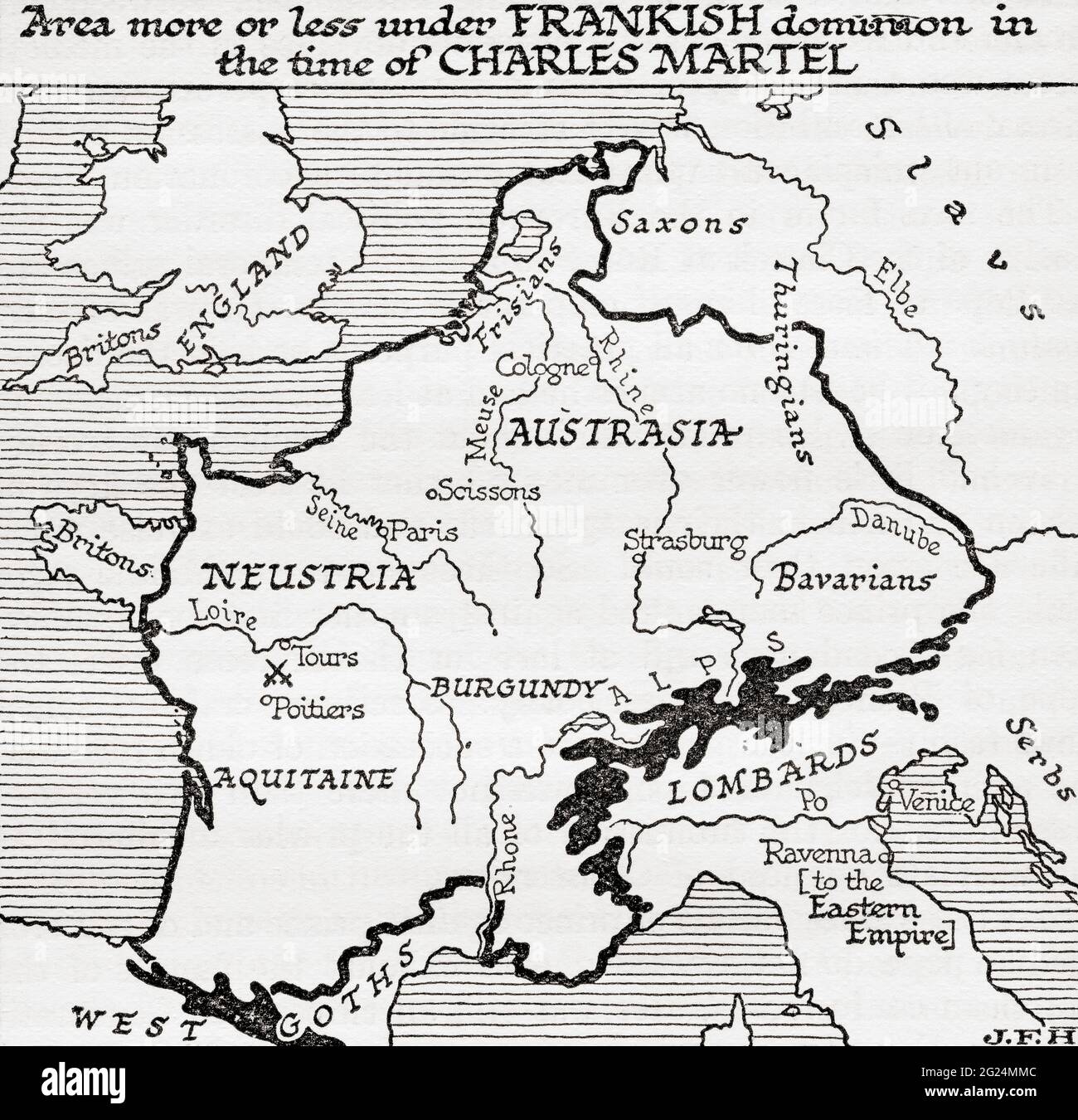 Mappa che mostra la zona più o meno sotto il dominio dei Franchi ai tempi di Carlo Martel, VIII secolo. Da una breve storia del mondo, pubblicato c.1936 Foto Stock