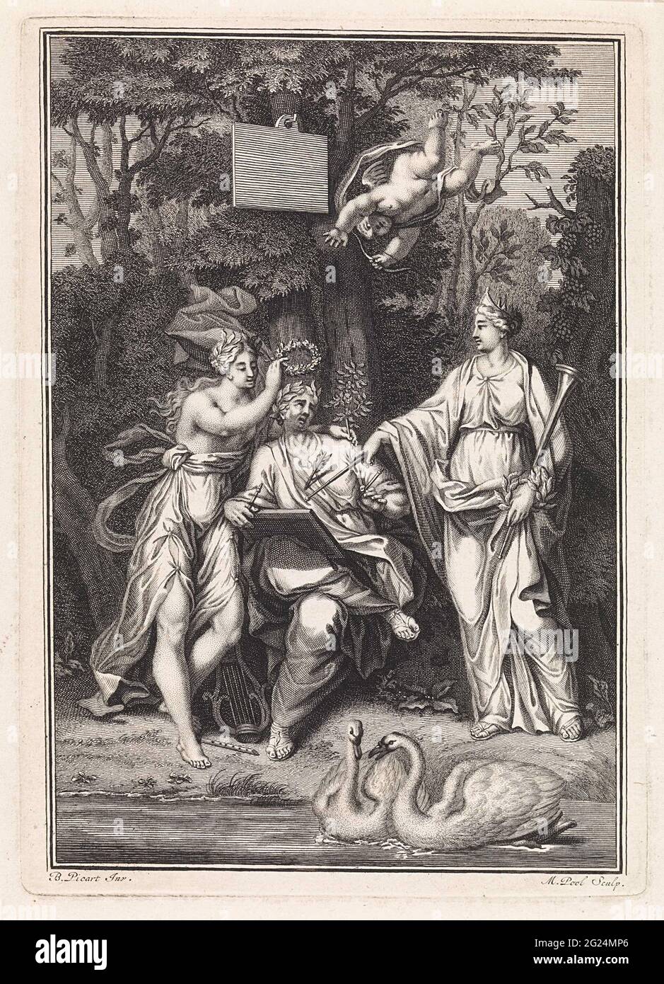 Ovid è accompagnato da due muse. Il poeta Publio Ovidius naso è stato colpito da una freccia di Amor che vola sopra di lui. È accompagnato dal Muzen Melpomene (Corno in mano) e da Erato (Lier sui piedi). Due cigni sull'acqua in primo piano. Sullo sfondo di un albero una tavola vuota. Foto Stock
