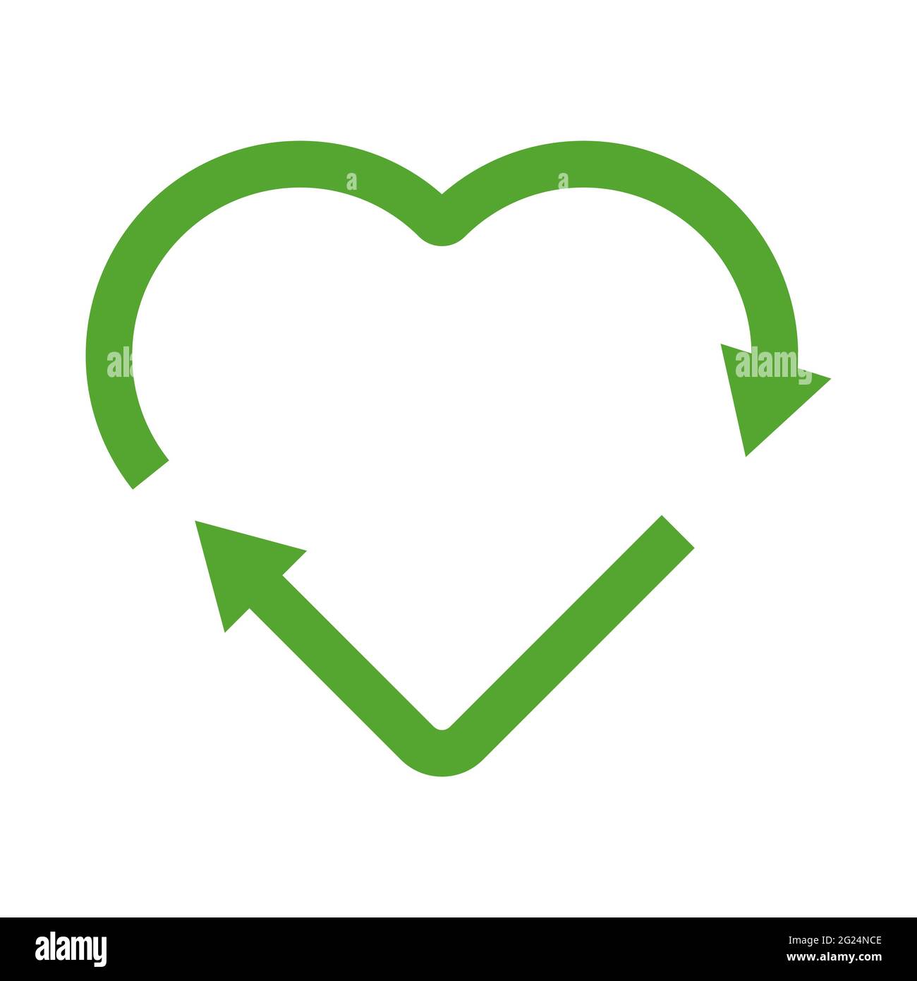 Icona di riciclaggio forma cardiaca verde. Riutilizzare, rinnovare, riciclare materiali, concetto. Concetto eco-compatibile. Illustrazione Vettoriale