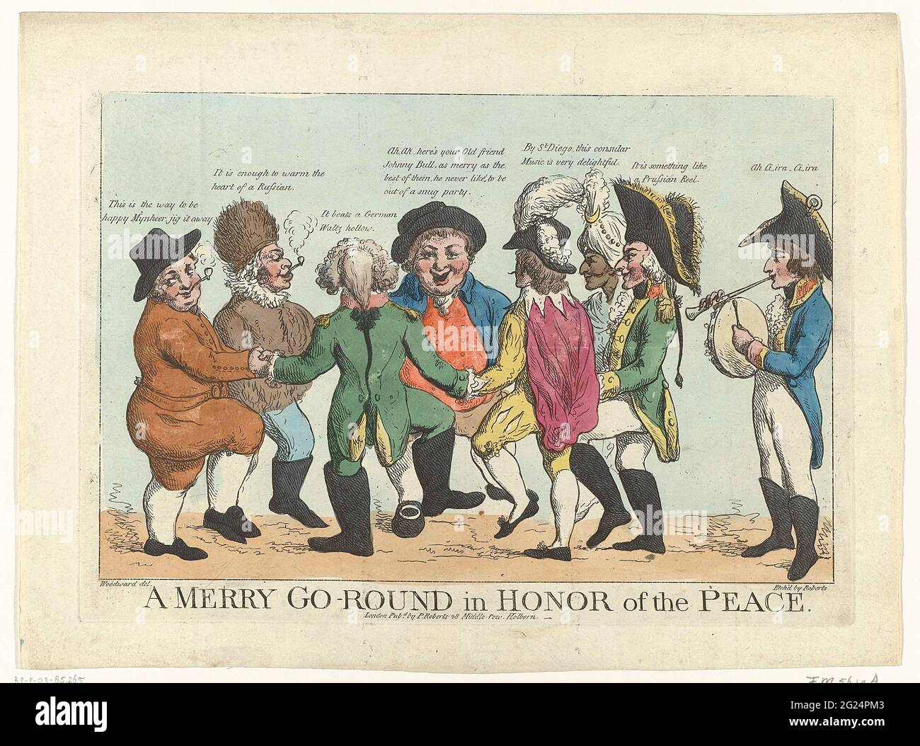 Cartoon sulla Pace di Amiens, 1802; un Merry Go-Round in onore della Pace. Cartone sulla Pace di Amiens tra Gran Bretagna e Francia, compresa la Repubblica Batavia, 27 marzo 1802. Sulla musica di Napoleone, i paesi europei ballano nel round. Da sinistra a destra: Paesi Bassi (Repubblica di Batavia), Russia, Germania, Inghilterra (John Bull), Spagna, Turchia e Prussia. Foto Stock