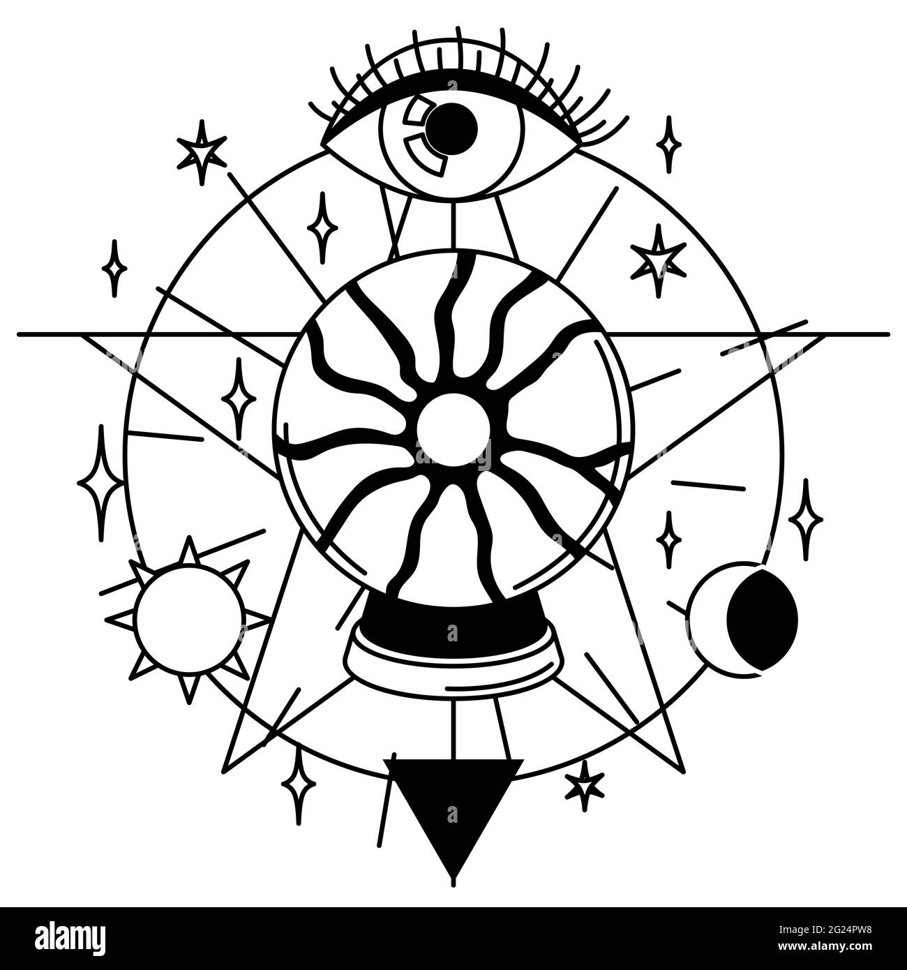 Illustrazione magica con palla di destino e occhio. Arte mistica, alchimia, spiritualità e tatuaggio Illustrazione Vettoriale