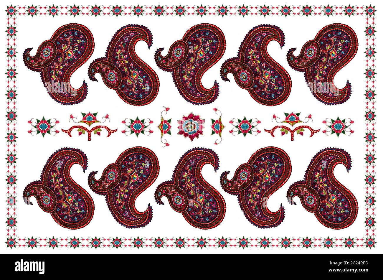 Sfondo bianco con motivo cornice per tovaglie ricamate con motivo paisley orientale e fiori stilizzati Foto Stock