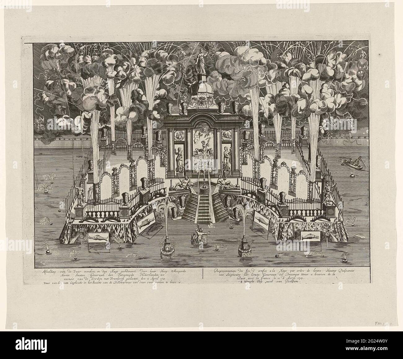 Fuochi d'artificio nel Hofvijver per la celebrazione della Pace di Utrecht, 1713; immagine del fuoco che Threcking, a Den Hage, dal suo Heeren Staan Generale di alta mattina dei Paesi Bassi Uniti Ter Aucasion del Vreden con Vrankryk solared, 11 aprile 1713 / Representation du Feu d'artificice a la Haye (...) . Stellage con fuochi d'artificio illuminato alla Corte d'appello nel Hofvijver a favore della pace di Utrecht il 14 giugno 1713. Foto Stock