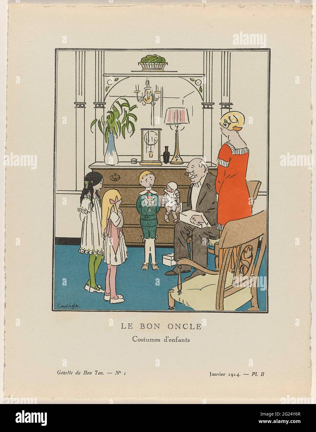 Gazette du Bon Ton, 1914 - No. 1, pl. II: Le Bon Oncle / Costumes  d'Enfants. Interni con tre bambini, vestiti con 'abiti semplici per  bambini' secondo la moda del 1914. Si