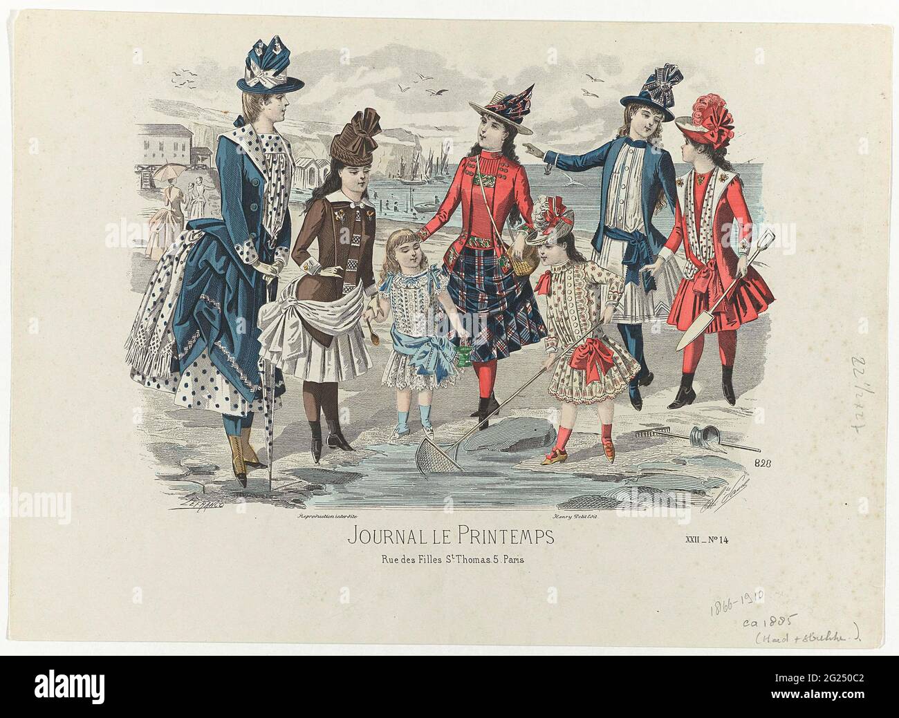 Journal le Printemps, ca. 1885, N. 828, PL. 22, N.14. Abbigliamento per  bambini: Sette ragazze di diverse età sulla spiaggia, che giocano con una  pala, un secchio e una rete da pesca.