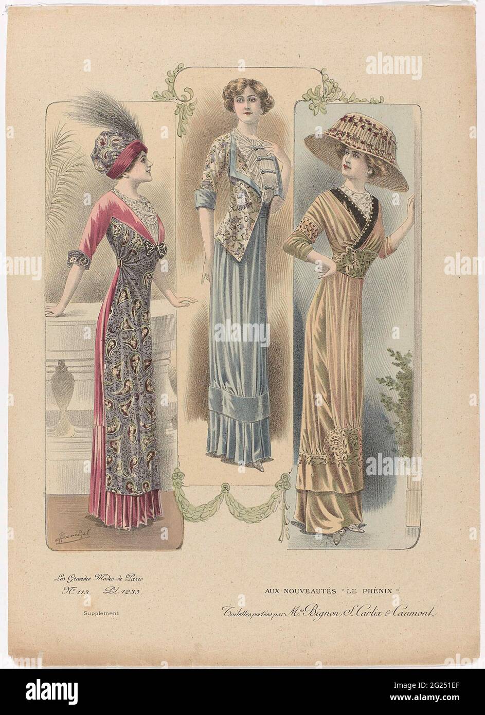 Les Grandes Modes de Paris, Supplément, CA. 1910, N. 113, PL. 1233: Aux  Nouvautés le Phénix (...). Tre donne in cornici vestite in 'toilette' dal  coltello bignon. Sinistra: Jap con V-neck, in