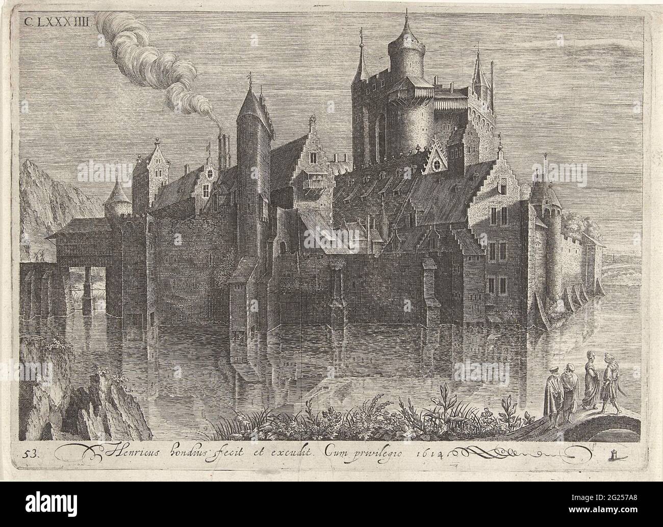 Castello sul fiume. Un castello circondato da acqua. La sinistra viene fumo da un gregge. Destra-tipo di quattro figure su un ponte. In alto a sinistra: CLXXXIII. In basso a destra del margine un Boraxus come firma di Hondius. Foto Stock