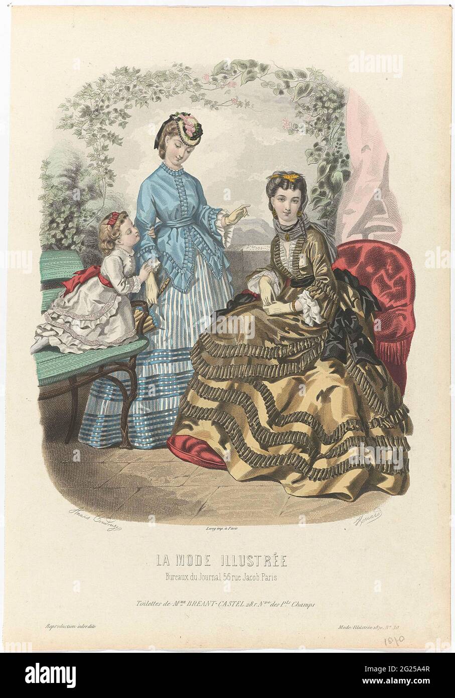 La Mode Illustrée, 1870, No. 30: Toilettes De Mme Breant-Castel (...). Due donne e un bambino in un parco vestito con abiti di Brede-Castel. Stampa dalla rivista la Mode Illustrée mode (1860-1937). Foto Stock