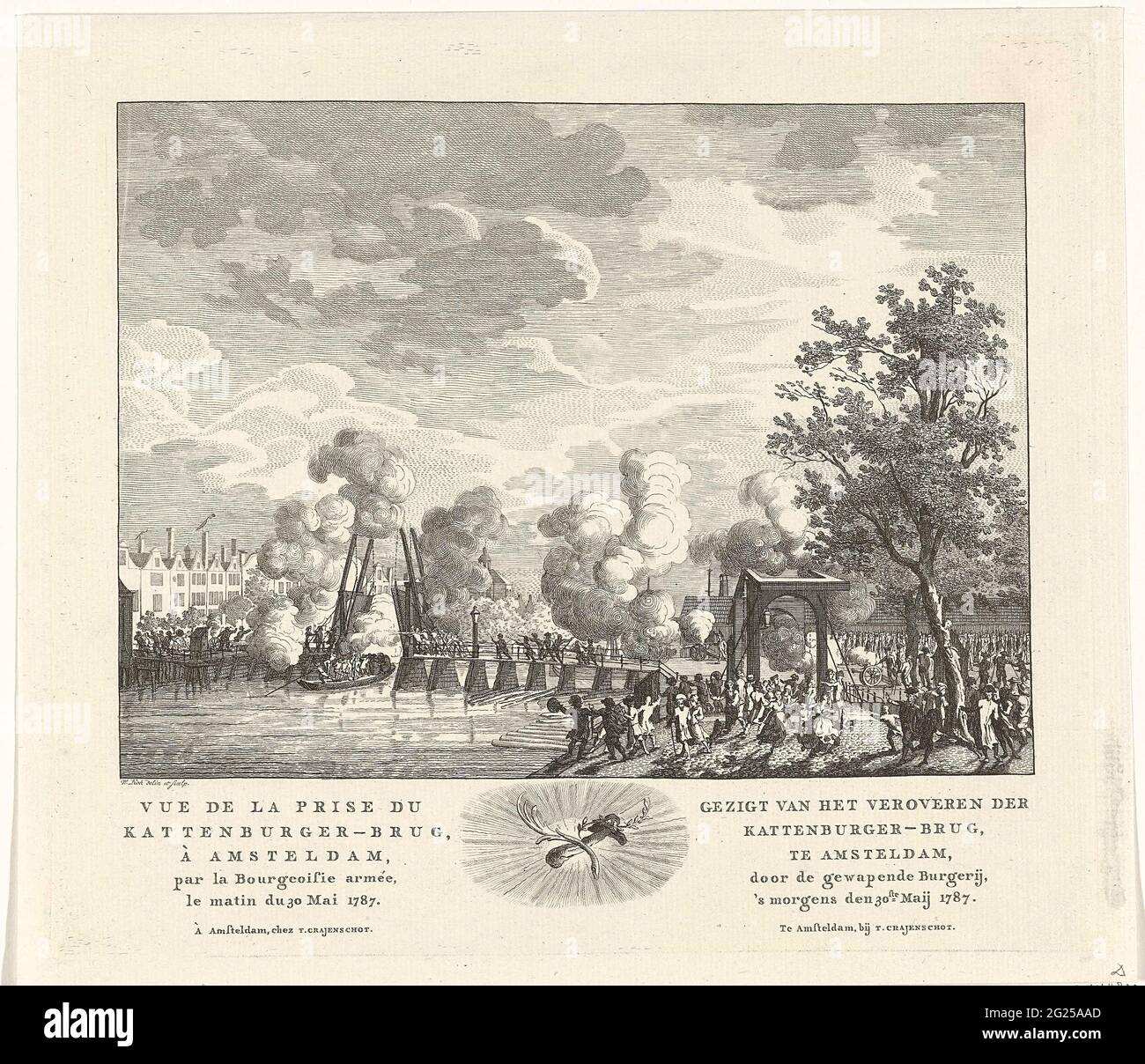 Battaglia del Ponte del Gatto Burger, 30 maggio 1787; Grande dalla conquista del ponte di Kattenburg, ad Amsterdam, da parte della borghesia armata, la mattina il 30 Maij 1787. Vista del ponte Kattenburger ad Amsterdam, dove si sta combattendo tra patrioti e arancio, il 30 maggio 1787. In primo piano Stand gruppi di patrioti che vengono con le armi e le armi sul ponte gatto hamburger. Sull'altro lato del ponte, gli abitanti dell'isola di Orange-Gezinde, che hanno preso il ponte per fermare i patrioti. I colpi vengono scaricati in luoghi diversi e un bambino nell'albero è salito a destra Foto Stock