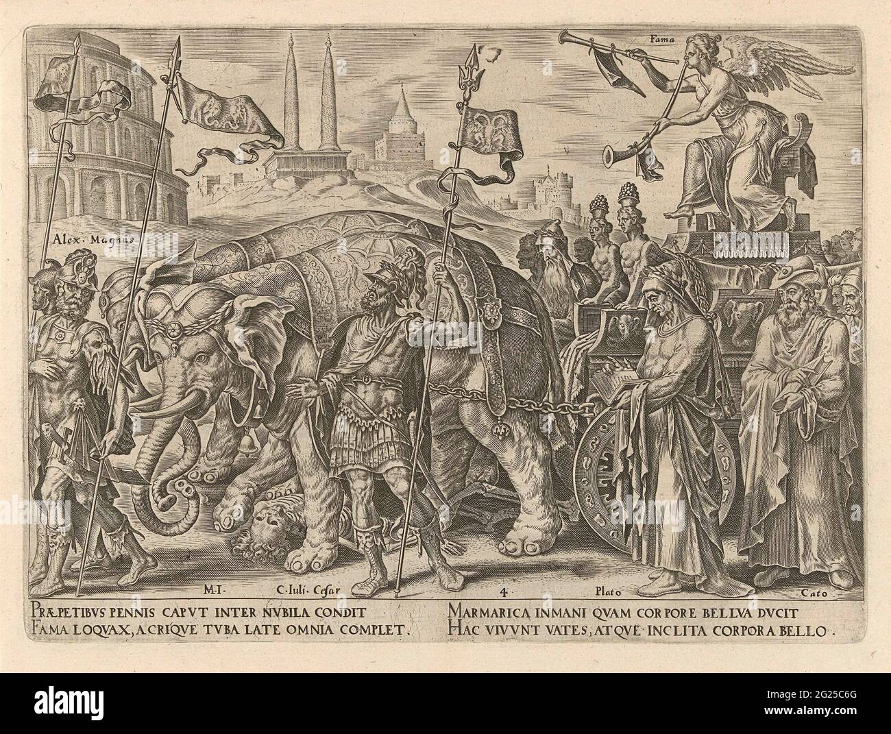Trionfo della fama; Trionfi di Petrarca. La fama alata (FAMA) soffia sulle sue due trombe. Per esempio, proclama la fama di veloppe e filosofi del passato. Nella sua processione, Alessandro Magno, Giulio Cesare, Cato e Platone. Le ruote della sua auto sono decorate con lingue, orecchie e occhi per diffondere la fama. La fama vince la morte; è miseramente schiacciato sotto le gambe degli elefanti. Sullo sfondo ci sono due obelischi, monumenti che sono stati fondati in onore di personaggi famosi. La stampa ha una didascalia latina ed è parte della serie sui trionfi di Petrarca. Foto Stock