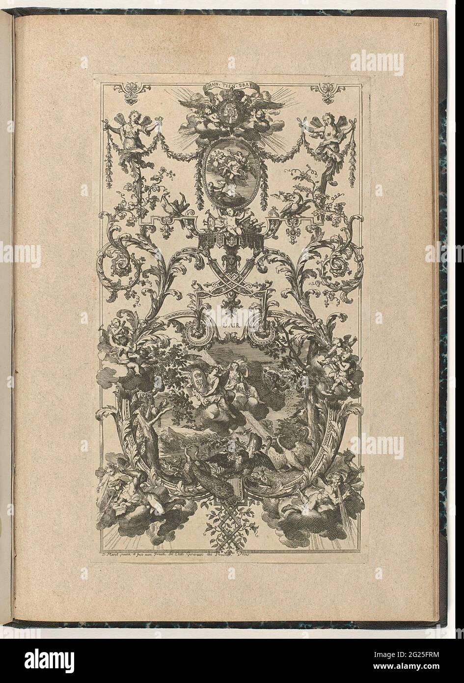 Pannello con elemento ad aria; l'air; pannelli con arabescatore e grottesken moderno. In alto è raffigurato lo stemma d'Inghilterra in fondo a una cartouche con un angelo che tiene uno stemma monogrammato e gli animali. Mezzo sotto un banderole con il testo IE. Main.tien.Draw. Dalla serie di 6 lame, di cui 4 con i quattro elementi e due lame su cui sono sempre presenti due pannelli verticali. Quinta edizione. Foto Stock