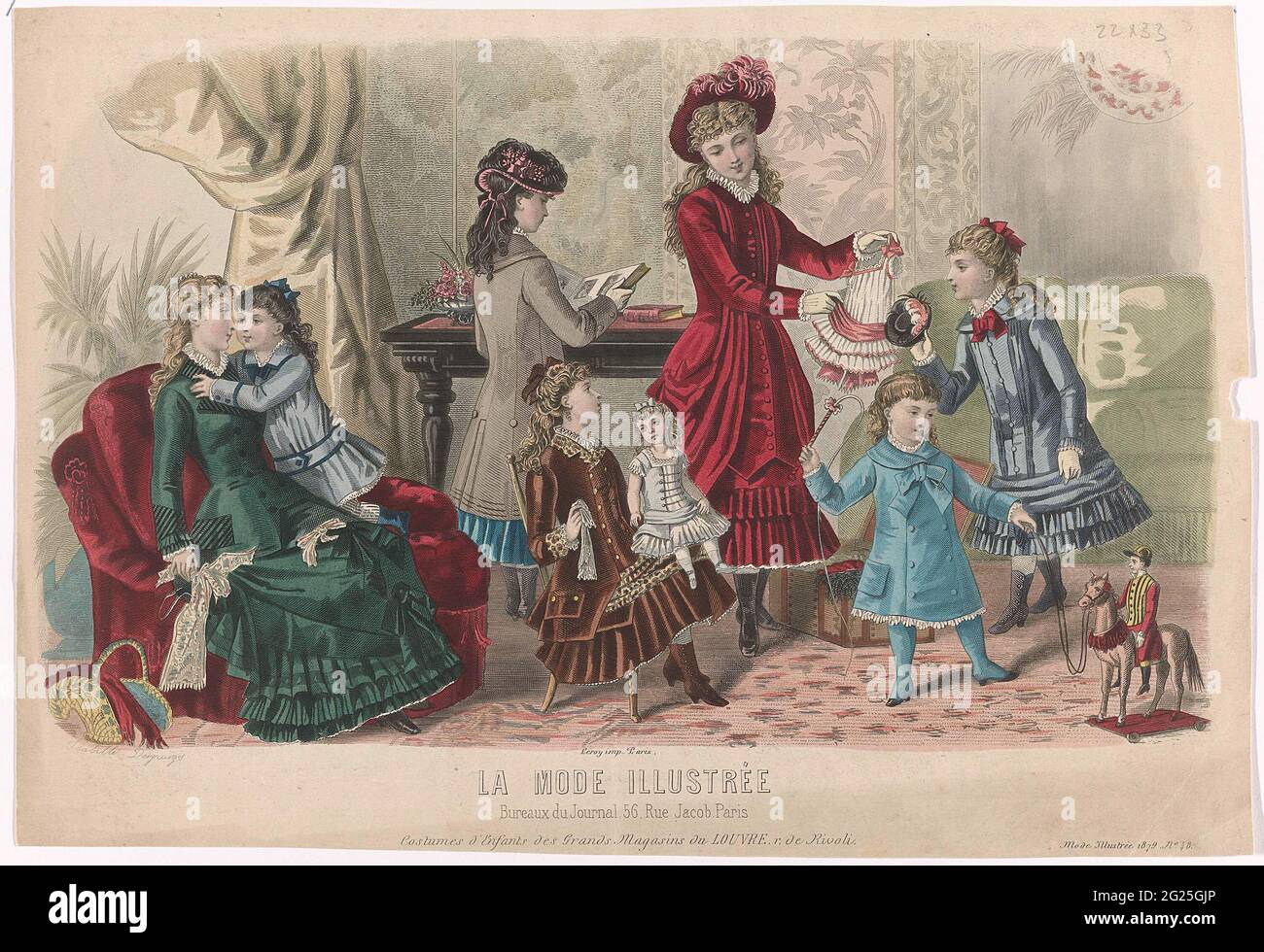 La Fashion Illustrée, 1879, n. 48: Costumi d'Enfants (...). Sette ragazze  all'interno, che giocano con una bambola, vestiti di bambola e cavallo da  poppa. Secondo la didascalia, l'abbigliamento per bambini del grande
