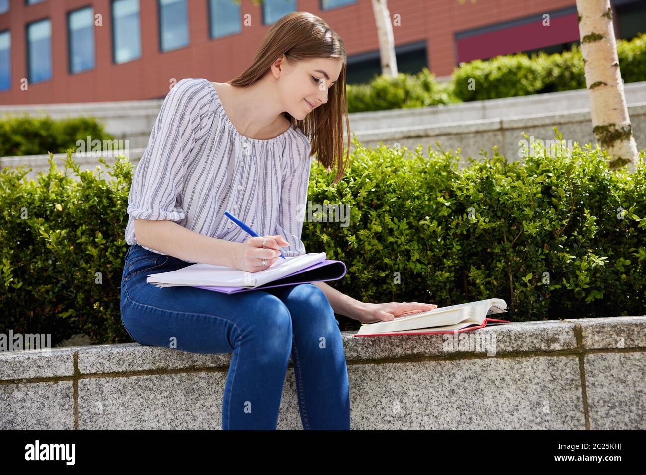 Giovane studente universitario femminile che lavora all'aperto nel campus universitario Foto Stock