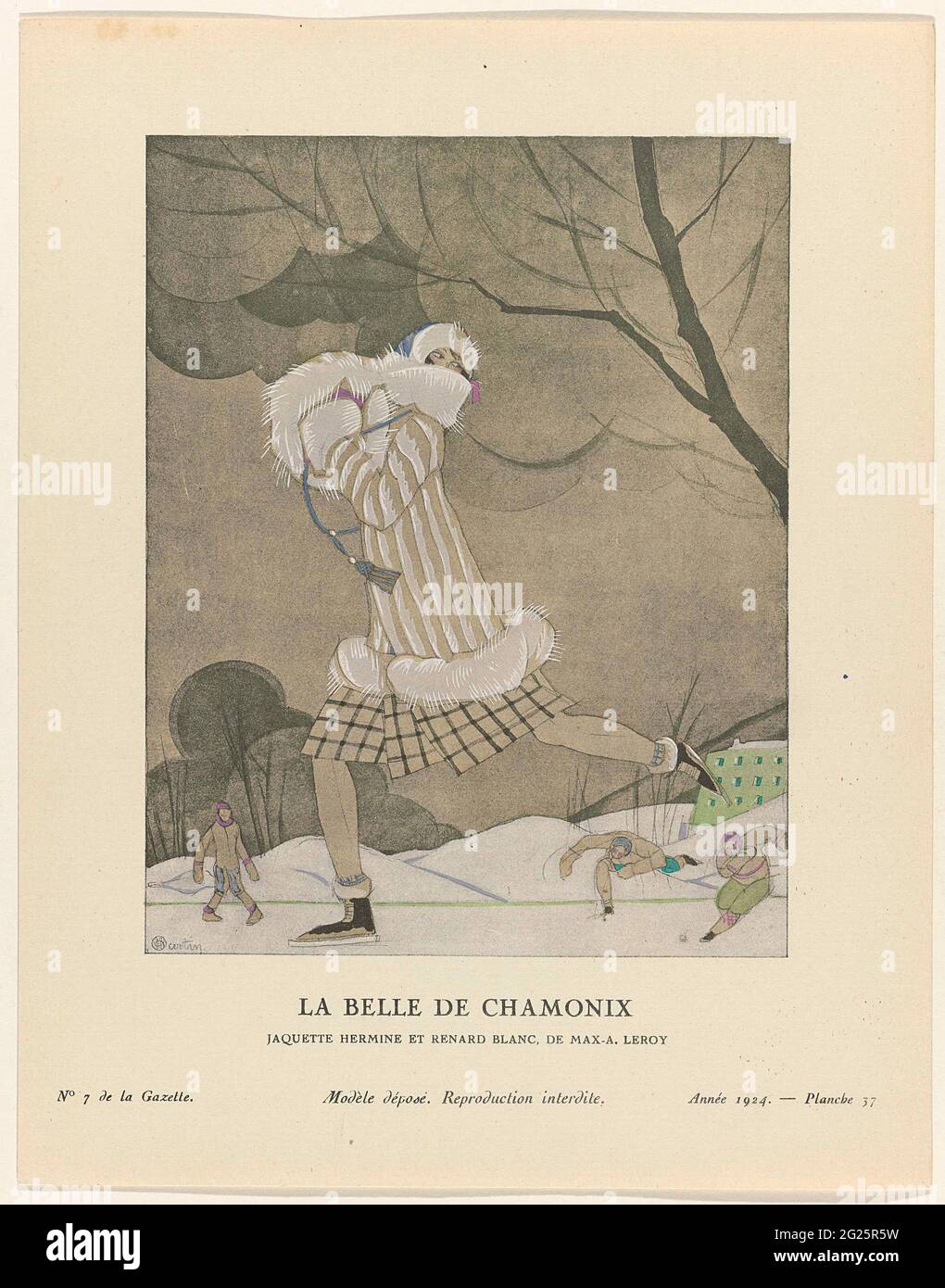 Gazette du Bon Ton, 1924 - No. 7: La Belle de Chamonix / Jaquette Hermine et Renard Blanc, il Max-a. Leroy. Pattinare donna vestita in un manto di ermina e pelliccia bianca di volpe, da Max A. Leroy. Sotto è una gonna a scacchi (?). Sulla testa un cappello con pelliccia. Mani in un mul di pelliccia. Pattinare ai piedi. Sullo sfondo tre pattinatori. Planche 37 da Gazette du Bon Ton 1924, n. 7. Foto Stock