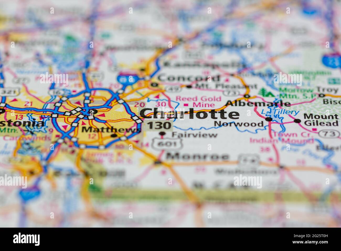Charlotte North Carolina USA visualizzata su una mappa stradale o su una mappa geografica Foto Stock