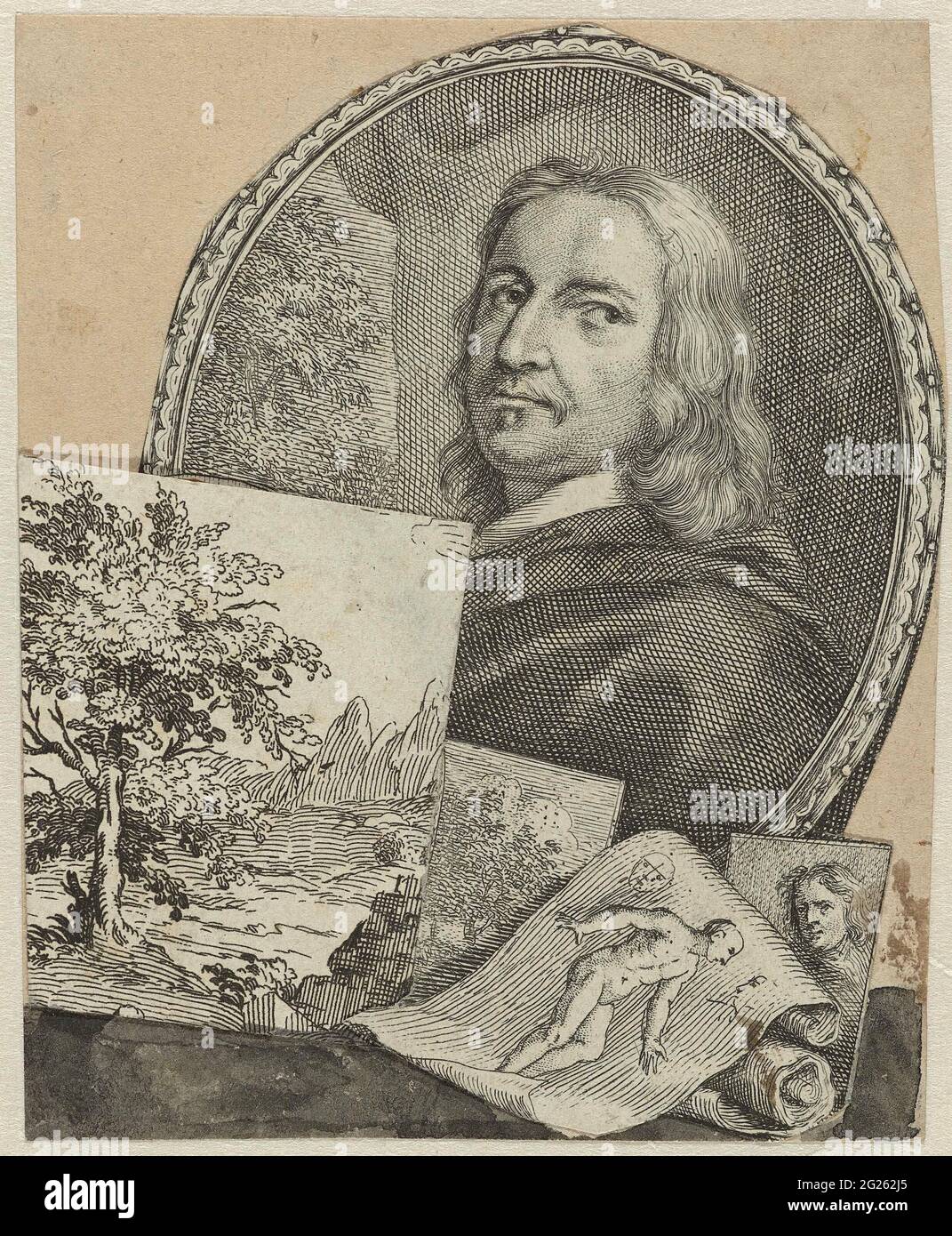 Ritratto di Philips la champanje in collage. Medaglione con un ritratto di Philips la champanje tagliata fuori dal piatto con tre ritratti di artisti da: Arnold Houbakken, la Groote Schouburgh, parte 1, tra pagina 224 e 225. Oltre al ritratto di champaigne, i tre fogli con disegni o stampe mostrati vengono anche tagliati e assemblati su un foglio di carta separato. Su questo ulteriore una parte di un piccolo insieme di paesaggio è stato bloccato e una zona inferiore in acquerello grigio applicato con pennello. Foto Stock