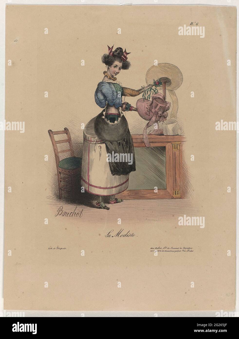 La Modiste, 1832, n. 6. Un modista con due cappelli avvolgianti in mano. La  figura del modista è costituita da varie forniture che utilizza per la  realizzazione di cappelli. Ha rotoli nastro