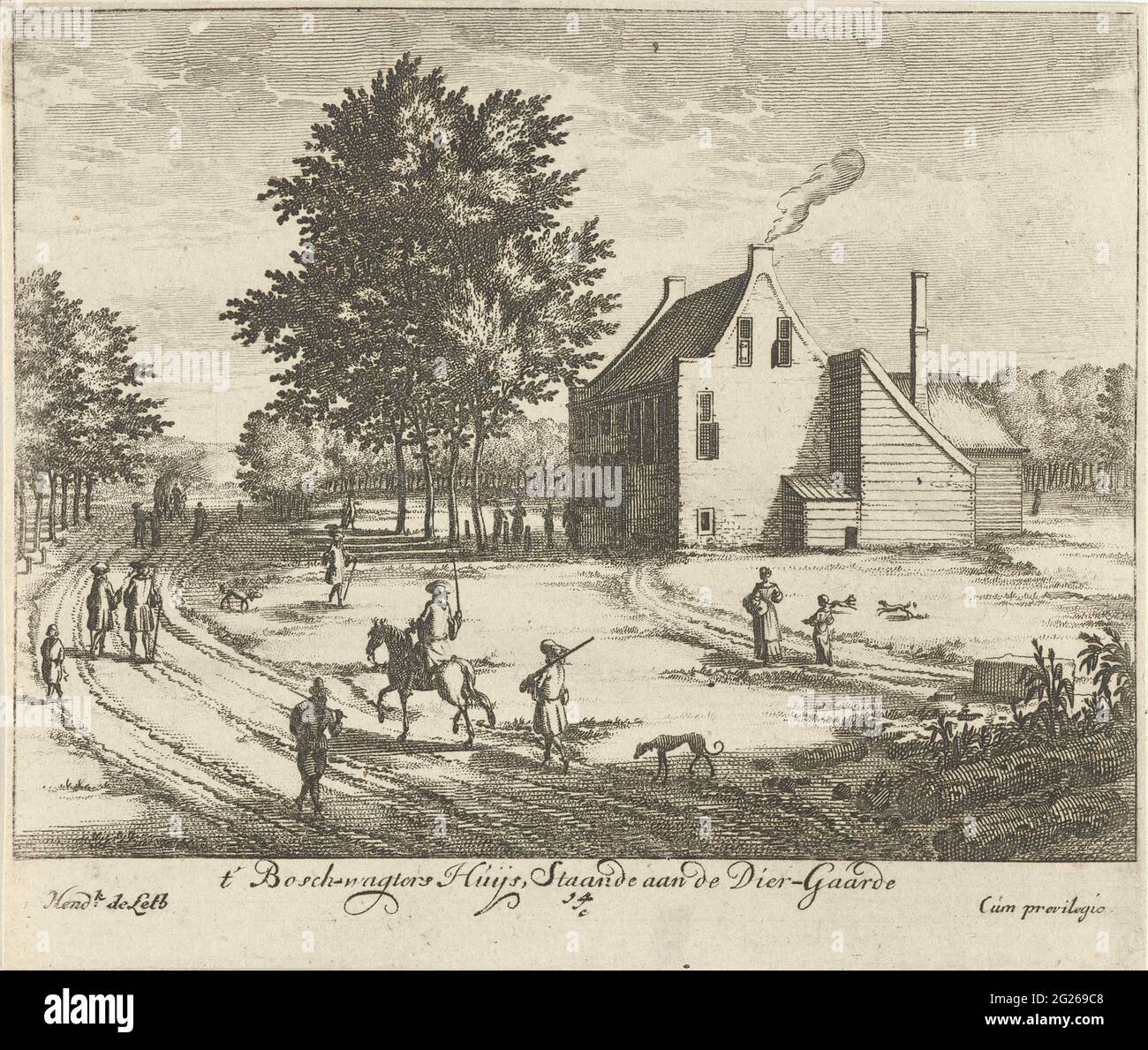 Casa del ranger della foresta sulla tenuta di Palazzo Soestdijk; immagine generale Vant Lust-Huijs e Hof van Sijn Koninklijcke Majesty dalla Gran Bretagna T Soest-Dijk; T 'Bosch Wagters Huijs, in piedi sulla animale-ganta. La casa del ranger forestale nella proprietà di Palazzo Soestdijk. Sulla strada un pilota e personaggi camminanti. La stampa fa parte di una serie con sedici volti a Palazzo Soestdijk e la relativa tenuta. Foto Stock