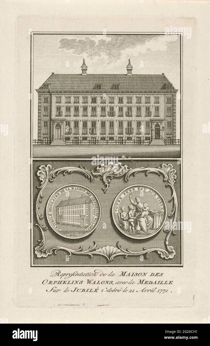 Primo centenario del Walenweeshuis, 1771; Representation de la Maison des Orphelins Walons, avec la Medal sur le Jubilé Celebré le 22 Avril 1771. Il Walenwehuis di Amsterdam e la medaglia hanno colpito in occasione del primo centenario del 22 aprile 1771. Foto Stock