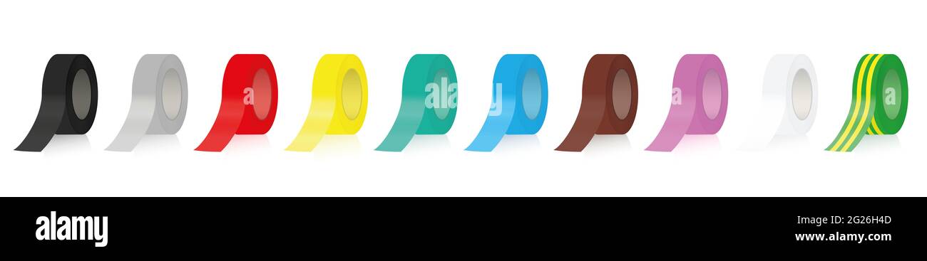 Set di nastri elettrici, diversi nastri adesivi colorati, con nastro a strisce verde e giallo per cavi di messa a terra - illustrazione su sfondo bianco. Foto Stock