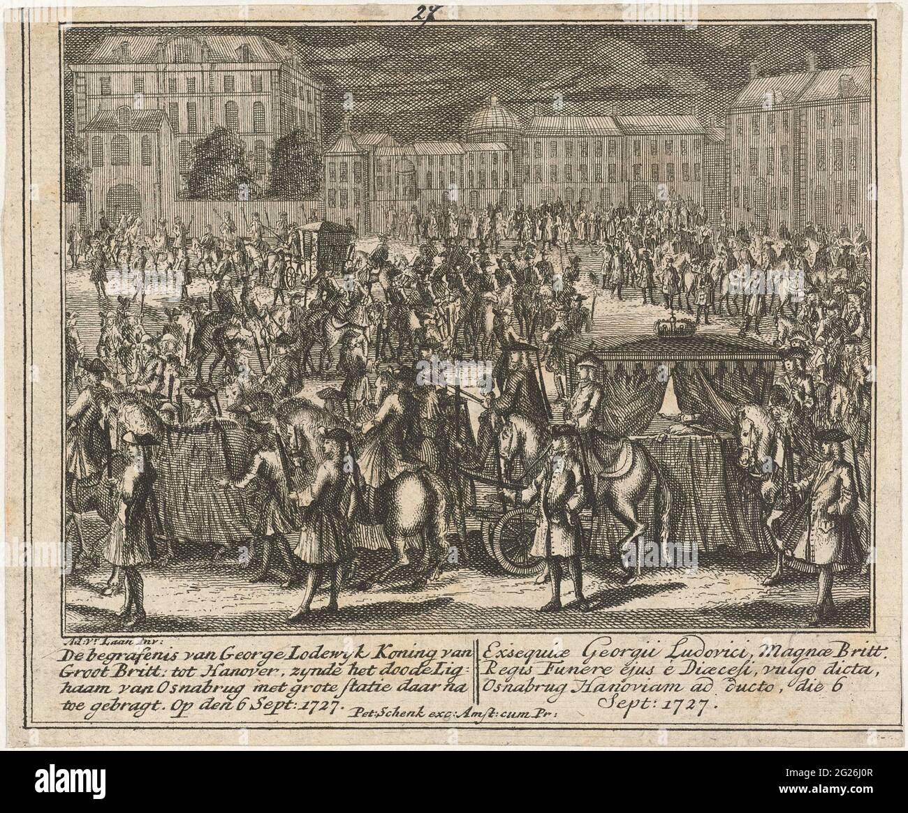 Cadavere di Giorgio i, re d'Inghilterra, 1727; i funerali del re George Lodewyk dal Gran Bretagna: Ad Hannover, il faro morto di Osnabrug con grande palcoscenico. Il 6 settembre 1727,. Cadavere di George i van England ad Hannover, 6 settembre 1727. Con didascalie in olandese e francese. Frammento di un grande album con nove esibizioni di eventi dell'anno 1727. Foto Stock