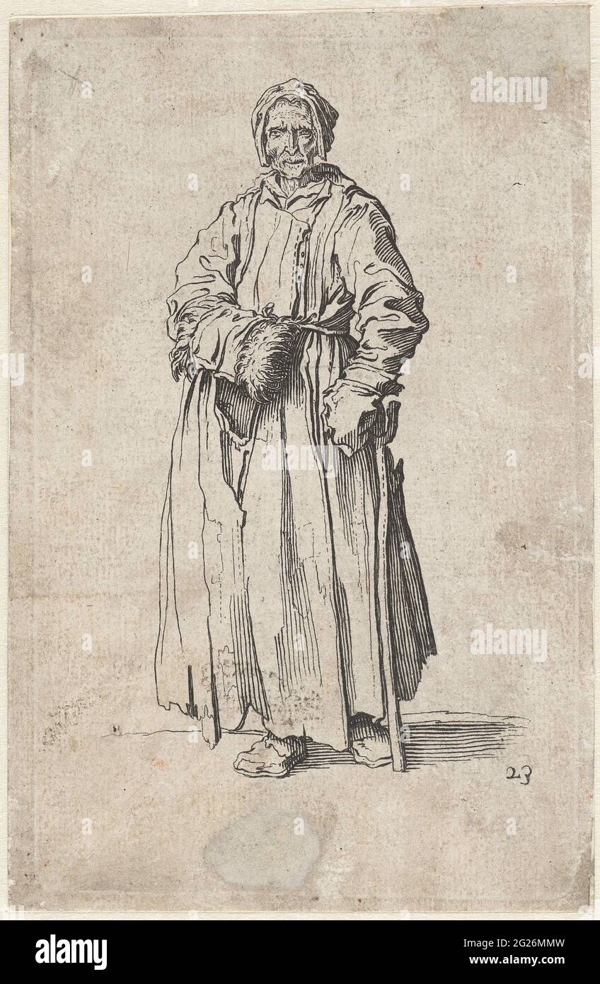 Beggares con una manica e un bastone; Les Gueux / Les Mendiants / Les Baroni / Les Barons; Beggars. Donna vestita in stracci, vista dalla parte anteriore, cieca, mano destra in una manica, con la mano sinistra poggiata su un bastone. Questa stampa fa parte di una serie di 25 (?) Stampe con mendicanti e vagabondatori, come Callot che probabilmente ha visto in Italia. Foto Stock