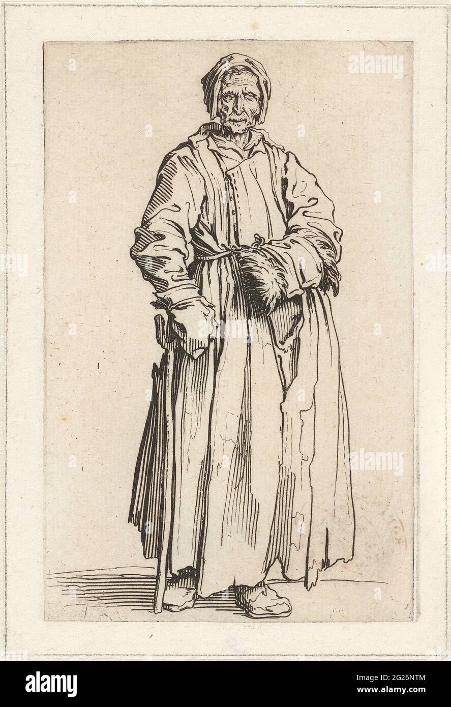 Beggares con una manica e un bastone; Les Gueux / Les Mendiants / Les Baroni / Les Barons; Beggars. Donna vestita in stracci, vista dalla parte anteriore, cieca, mano sinistra in una manica, con la mano destra poggiata su un bastone. Questa stampa fa parte di una serie di 25 stampe con mendicanti e vagabondatori, come Callot che probabilmente ha visto in Italia. Foto Stock