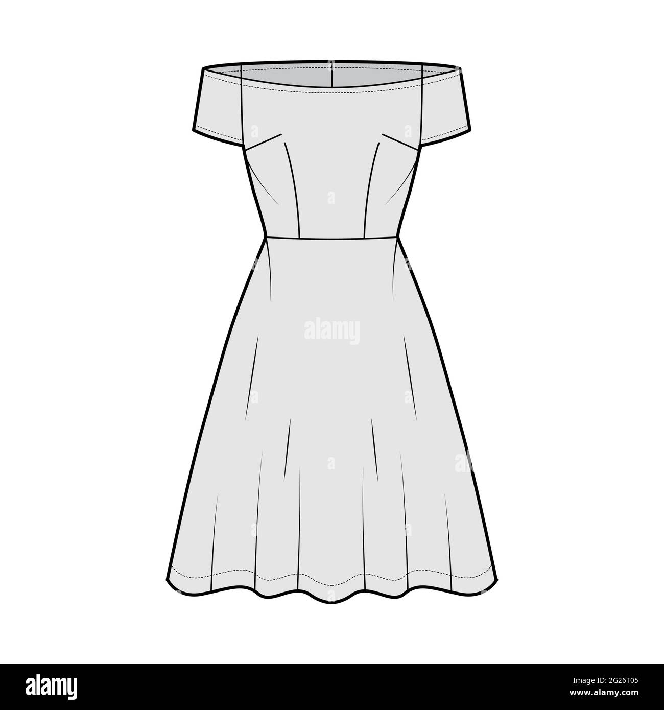 Set di abiti off-shoulder Bardot illustrazione tecnica moda con maniche corte, corpo montato, gonna semicircolare lunghezza ginocchio. Parte anteriore dell'abbigliamento piatto, colore grigio. Donne, uomini unisex CAD mockup Illustrazione Vettoriale