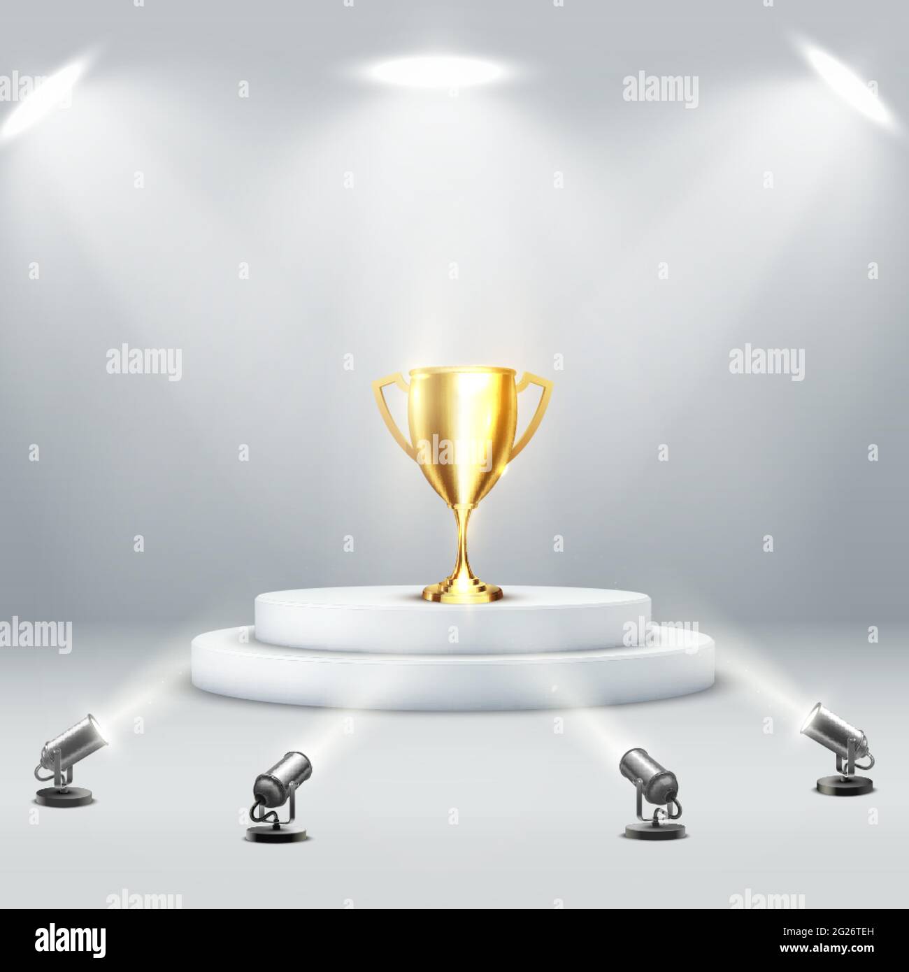 Coppa del podio dorata su sfondo chiaro. Trofeo sportivo. Concetto di vittoria. Premio vincitore. Illustrazione Vettoriale