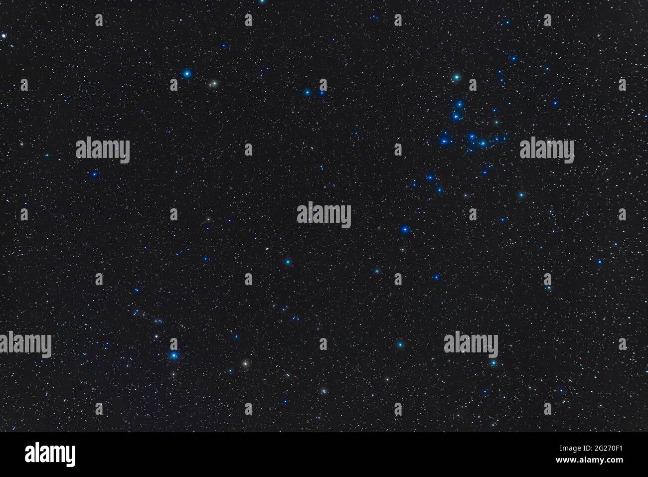La costellazione di Coma Berenices con il grande cluster aperto Mel 111 in alto a destra. Foto Stock